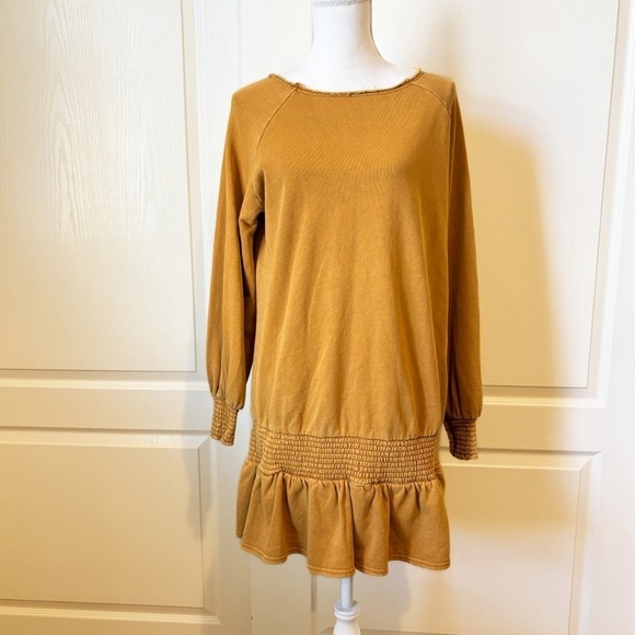 Smocked Knit Cotton Fleece Goldie Dress Mustard Yellow Size Small NWT - Picture 2 of 13